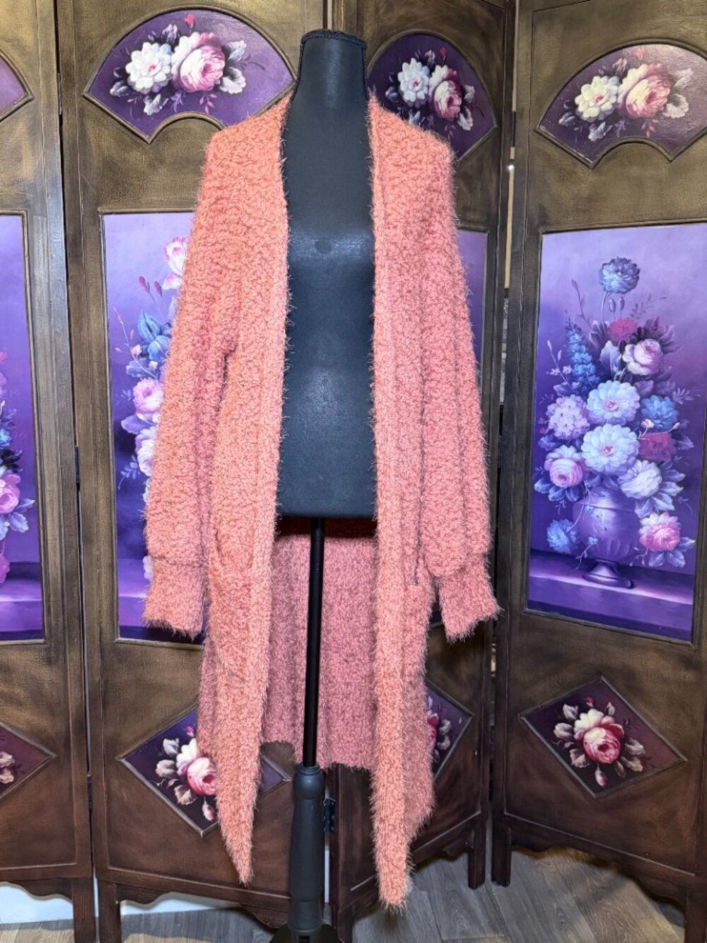 GIMMICK S Peach Fuzzy Long Cardigan Bell Sleeve Open Front Cozy Boho Sweater